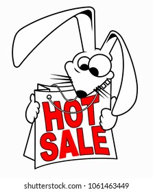 Crazy rabbit keeps the package. discount concept, holiday sale, vector illustration.