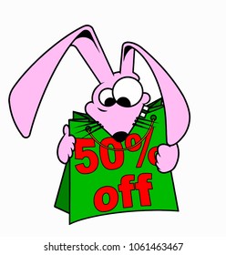 Crazy rabbit keeps the package. discount concept, holiday sale, vector illustration.