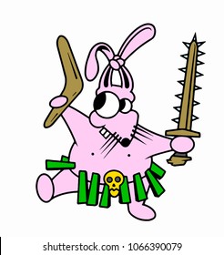 Crazy rabbit plays a savage with a weapon and a loincloth. Boomerang and a bone sword in the hands, vector illustration.
