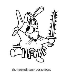 Crazy rabbit plays a savage with a weapon and a loincloth. Boomerang and a bone sword in the hands, vector illustration.