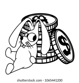 Crazy rabbit sits, leaning on a pile of coins, dollars and bitcoins, vector illustration.