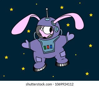 Crazy rabbit in a spacesuit, like an astronaut, spacewalk, vector illustration.