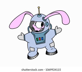 Crazy rabbit in a spacesuit, like an astronaut, spacewalk, vector illustration.