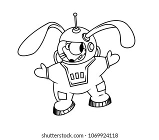 Crazy rabbit in a spacesuit, like an astronaut, spacewalk, vector illustration.