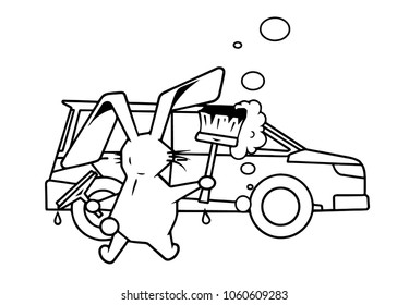 Crazy rabbit washes the car with a brush. car wash. Vector illustration.