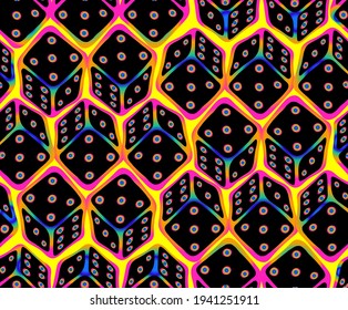Crazy rainbow seamless pattern with repeated black cubes in doodle style. Perfect for decor of kids playroom, textiles, weekend, packaging. Stay home, hobby time.