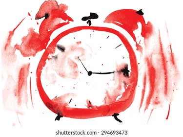 crazy red alarm clock, painted in watercolor, and tries to wake up the ringing bell of a white background