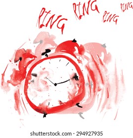 relógio de alarme vermelho louco, pintado em aquarela, e tenta acordar o sino tocando de um fundo branco