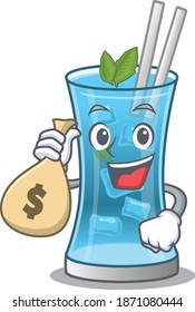 Crazy rich blue hawai cocktail mascot design having money bags