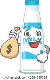 Crazy rich bottle of milk mascot design having money bags. Vector illustration