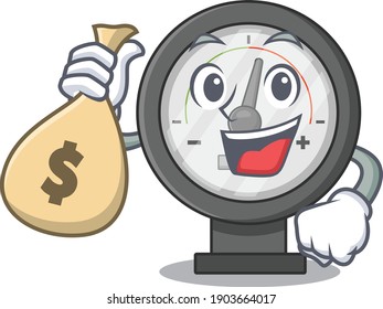 Crazy rich Cartoon picture of pressure gauge having money bags