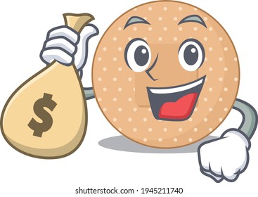 Crazy rich Cartoon picture of rounded bandage having money bags. Vector illustration