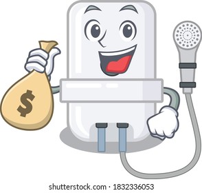 Crazy rich electric water heater mascot design having money bags