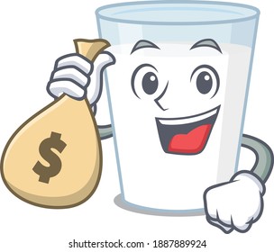 Crazy rich glass of milk mascot design having money bags. Vector illustration