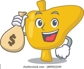 Crazy rich liver mascot design having money bags