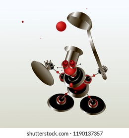 Crazy robot artificial intelligence cook character cartoon cute helpless with red eyes with scoop and the lid from the pan catches vegetable tomato prepares food 3d vector 