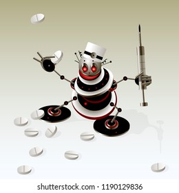 Crazy robot artificial intelligence doctor with red eyes with syringe and pills 3d vector on light gray gradient background isolate