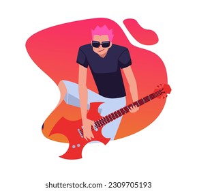 Crazy Rock band star with purple hair and sunglasses jumping and playing the guitar on stage. Musician pop, country, rock star or hiphop rapper artist. Vector color Illustration in flat design style