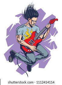 Crazy rock guitar player jumps. Vector illustration.