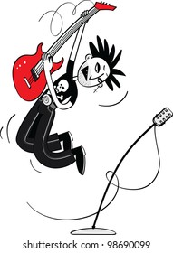 Crazy Rock Star jumping up and playing on his guitar. Vector character isolated on white.