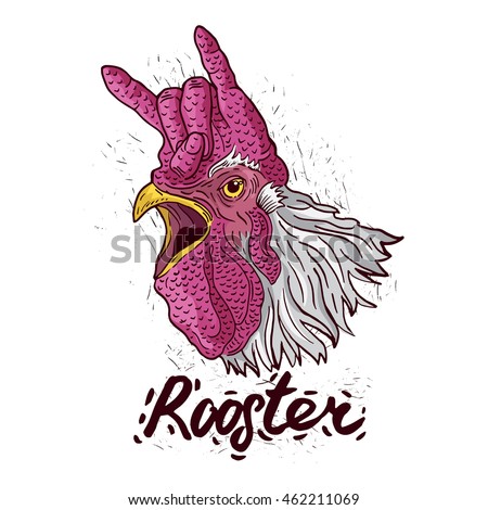 Crazy rooster symbol with hot pink Rock On hand gesture.