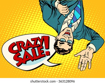 Crazy sale announcement man upside down