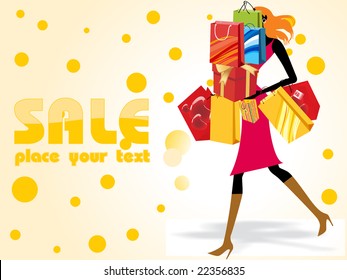 crazy sale background with a modern girl loaded with shopping bags