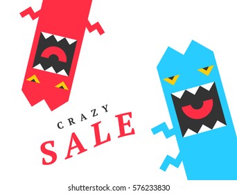 Crazy Sale Design Template, With Fun Monsters. Vector Background