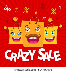 Crazy sale. Happy family of shopping bags with rising hands and open mouths. Vector funny cartoon flat background. 