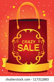 Crazy sale header design with shopping bag and stars