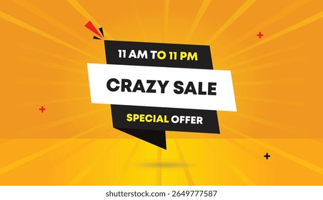 Venda louca oferta especial de 11am às 11pm Editável Web Banner Vetor Arte Ilustração Badge Ícone Etiqueta Branco Cinza Formas Sol Brilho Amarelo Abstrato Fundo Único Design