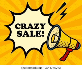 Crazy sale speech bubble. Megaphone, lightning, speech burst, sound lines, pop art style, loudspeaker, public speaking, yellow background, expression, voice, alert, broadcast