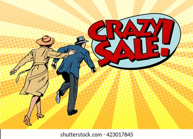 Crazy sale super discounts pop art retro style. The family runs to the store