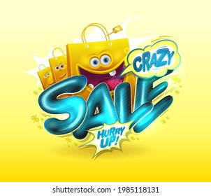 Crazy sale vector banner mockup with cartoon funny paper shopper bags