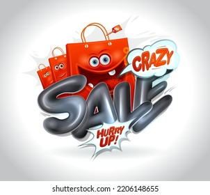 Crazy sale vector poster or banner design with cartoon funny paper shopper bags