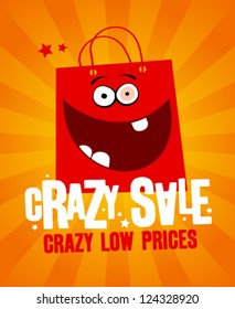 Crazy sale vector poster design template, with funny red paper bag