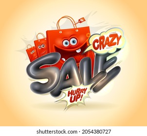 Crazy sale vector poster design with cartoon funny paper shopper bags