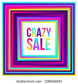 Crazy sale web banner, lots of colorful lines, frame for text. Vector illustration. Abstract geometric background 80s style, bright neon colors.
