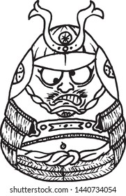 Crazy samurai egg in ancient armor and helmet hand drawn outline style