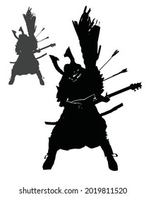 A crazy samurai rocker with a skeleton body, in a traditional military helmet, furiously plays a dance guitar completely absorbed in music, arrows stick out of his body, a Japanese standard is behind 