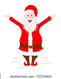 Crazy Santa Claus shows his tongue and raised hands. Vector illustratin