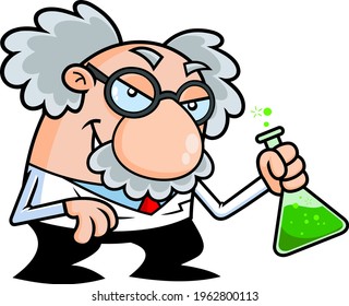 Crazy Science Professor Cartoon Character Holding Flask Solvent. Vector Hand Drawn Illustration Isolated On Transparent Background