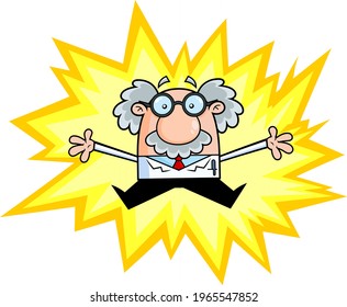 Crazy Science Professor Cartoon Character In Electric Shock. Vector Hand Drawn Illustration Isolated On Transparent Background