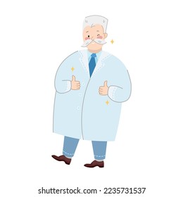 El carácter de un científico loco muestra como pulgares hacia arriba. Ilustración vectorial de caricatura del antiguo profesor o doctor en uniforme. Concepto de química