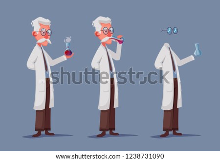 Crazy scientist drink potion. Funny character. Cartoon vector illustration. Mad professor. Science experiment. Invisible man. Person with glasses.