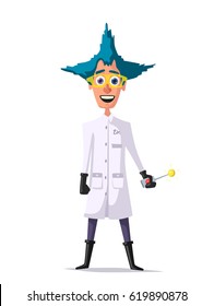 Crazy Scientist. Funny Character. Cartoon Vector Illustration. Mad Professor