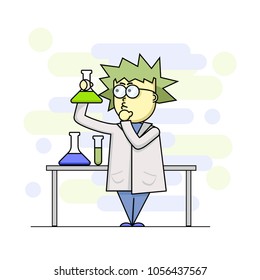Científico loco con química verde. Personaje de dibujos animados de Vector