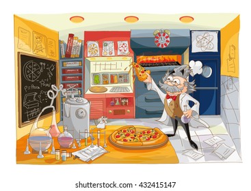 Crazy Scientist at the kitchen lab background sharing pizza with a white mouse