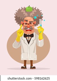 Crazy Scientist Man Character Holding Flask. Vector Flat Cartoon Illustration