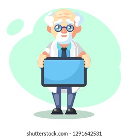 crazy scientist with messege text board. Funny character. Cartoon vector illustration. Mad professor. Science experiment. - flat Vector
